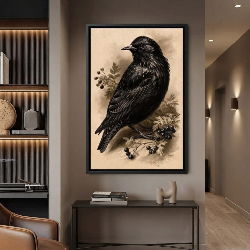 Solitary Starling Perched Upon Hawthorn Branch Canvas Wall Art