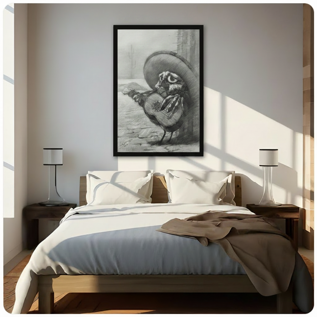 Mariachi Owl Guitar Sombrero Charcoal Canvas Art