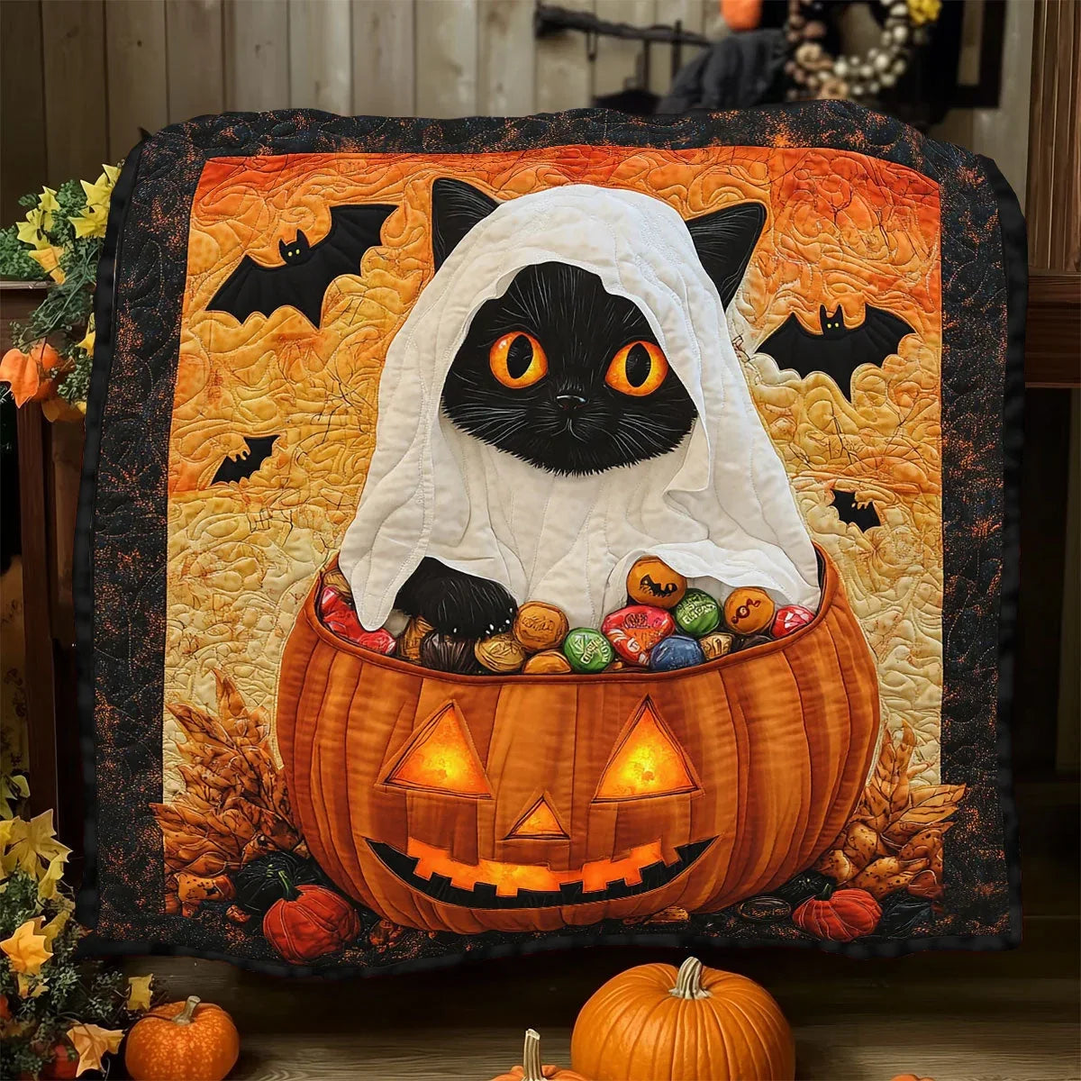 Spooky Halloween Cat Quilt Blanket
