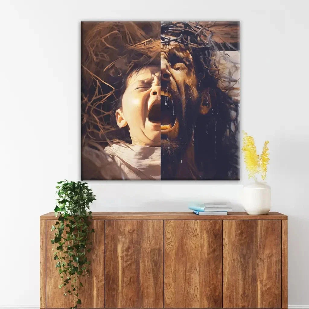 jesus as a baby and on the cross christian wall art canvas (Landscape) (view 11)