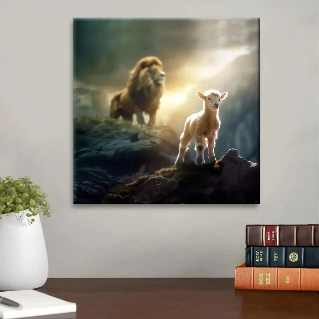 lamb is bold because lion is near christian wall art canvas (Landscape) (view 10)