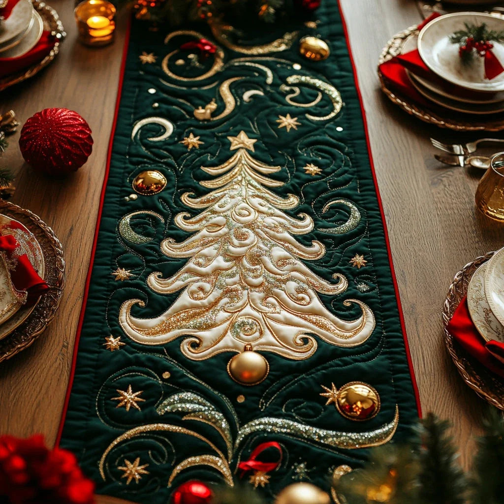 Starry Spruce Christmas Tree Quilted Table Runner
