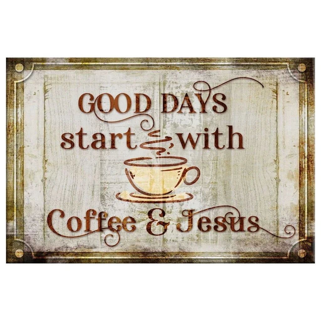 good days start with coffee and jesus modern farmhouse wall art canvas (Landscape) (view 4)