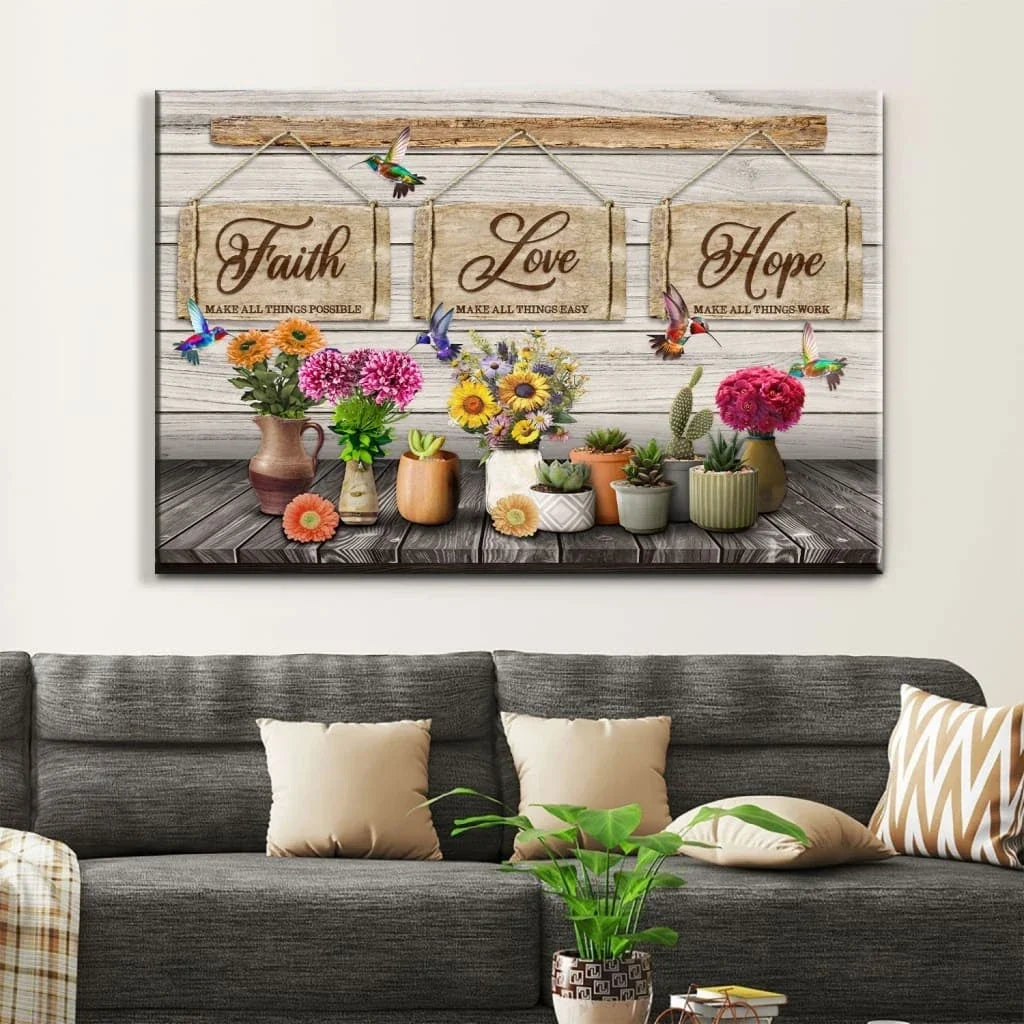 rustic christian wall art canvas faith love hope hummingbirds and flowers (Landscape) (view 4)