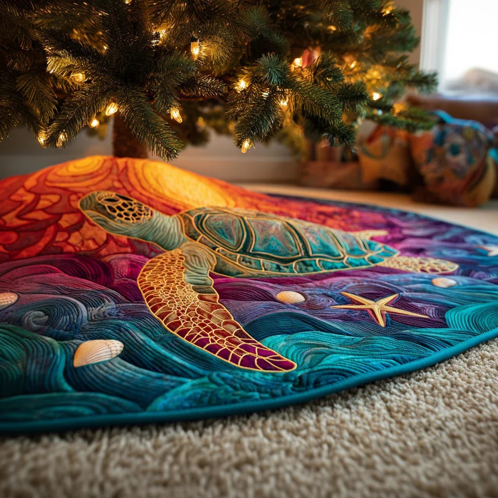 Sunset Turtle Christmas Quilted Tree Skirt