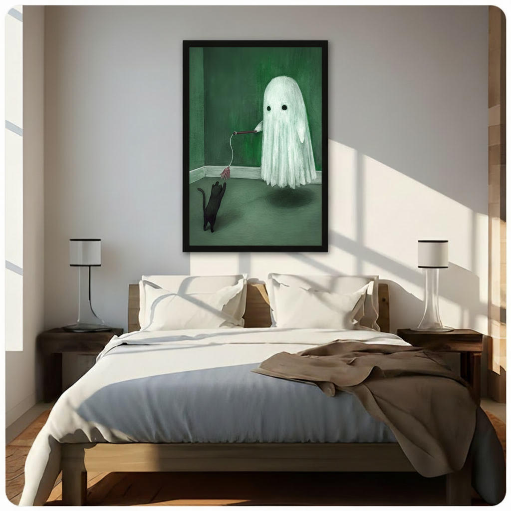Ghost Playing with Black Cat Canvas Art Wall Art