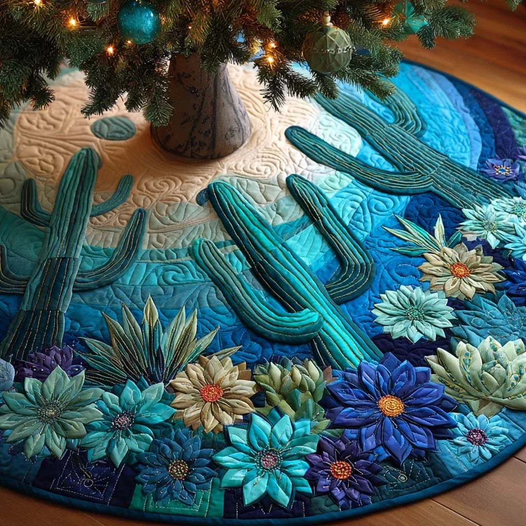 Teal Garden Cactus Quilted Tree Skirt