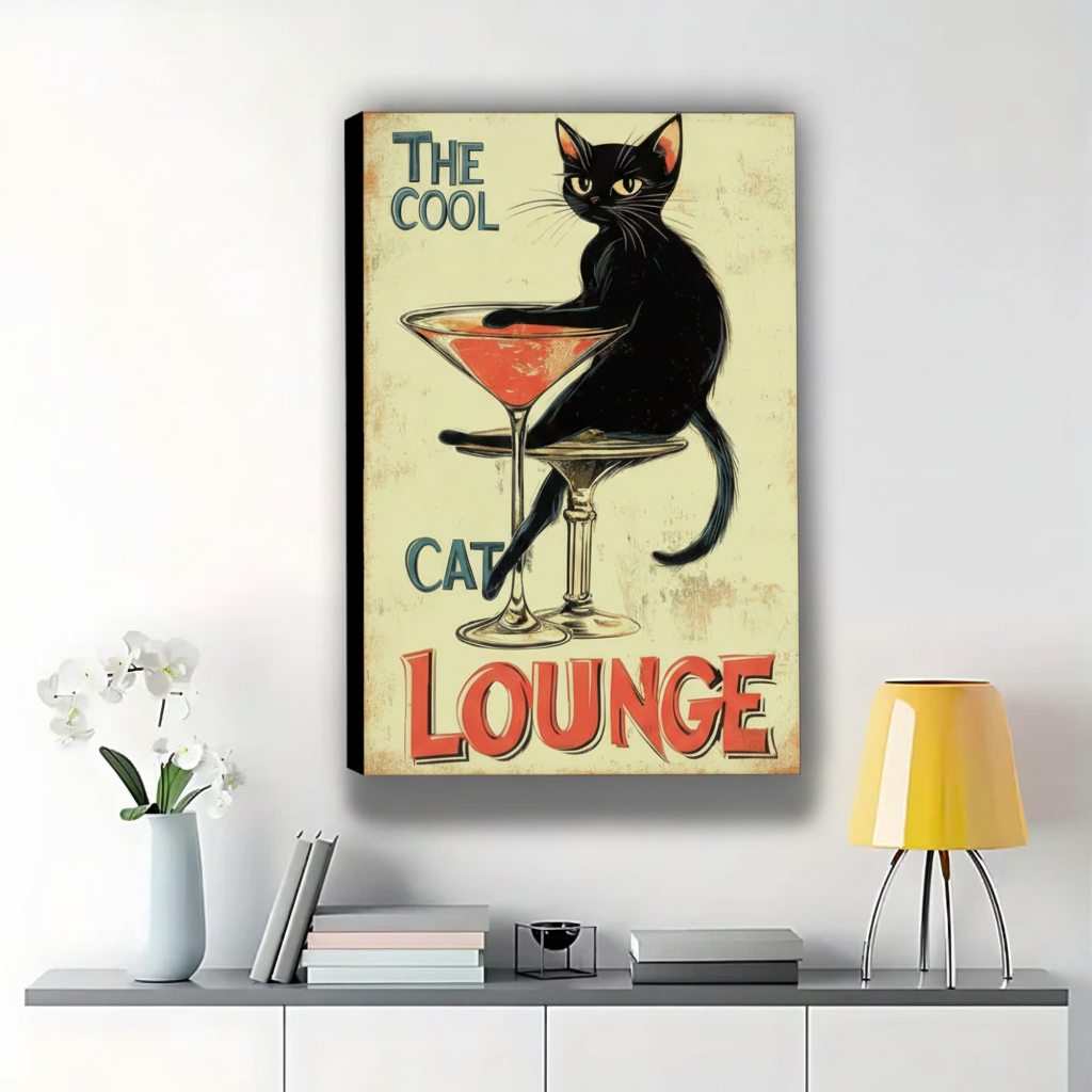 The Cool Cat Lounge Vintage Poster – Retro Black Cat Martini Wall Art