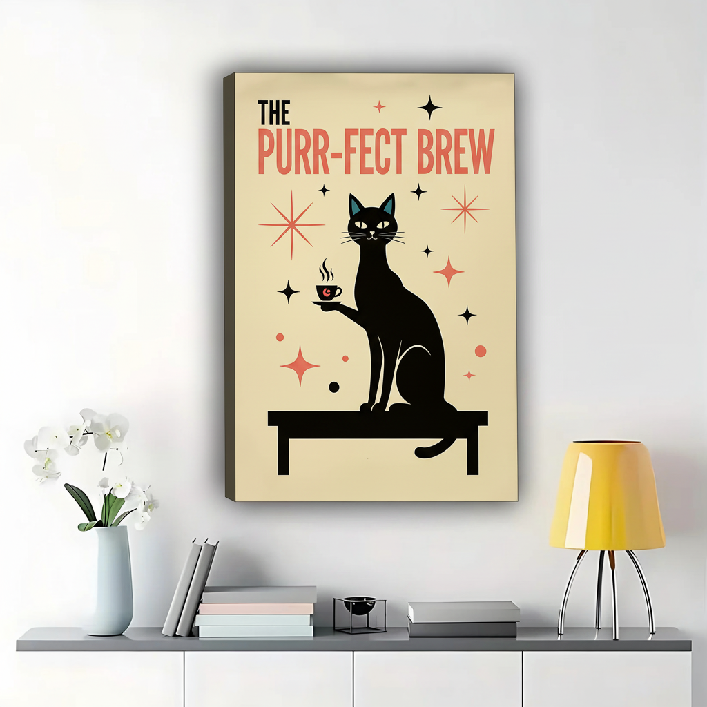 The Purr-fect Brew – Mid-Century Modern Black Cat Coffee Wall Art
