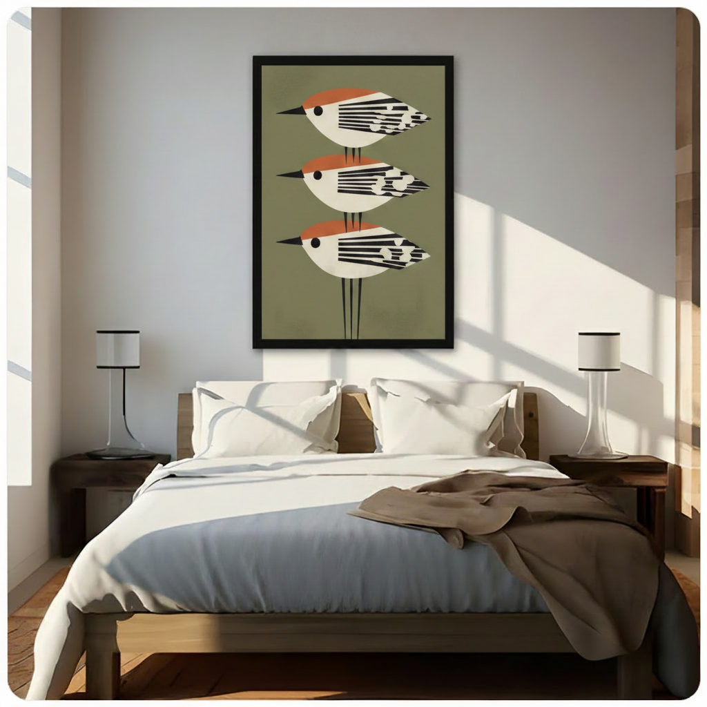 Retro Geometric Birds Trio Canvas Wall Art
