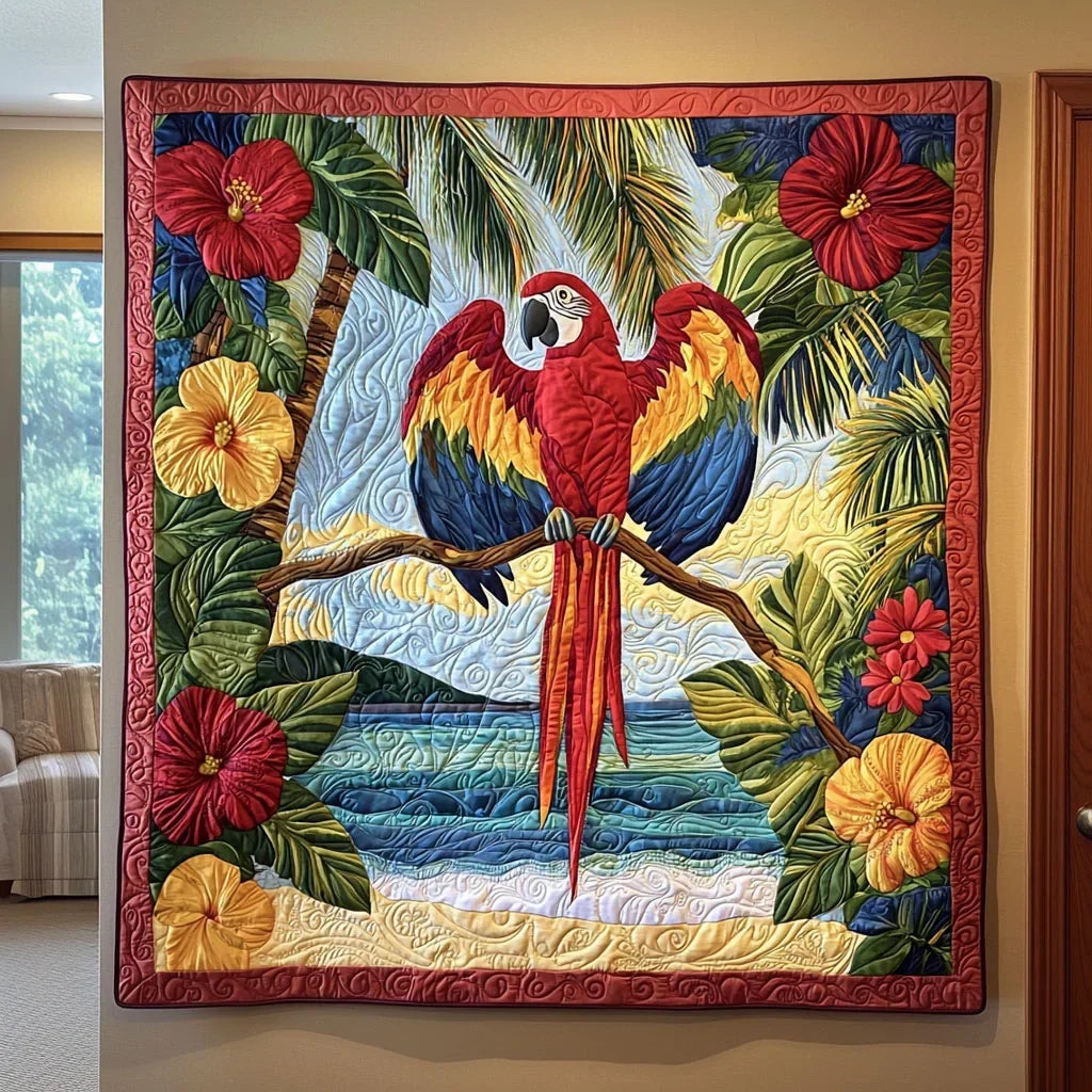 Tropical Scarlet Macaw Parrot Quilt Blanket