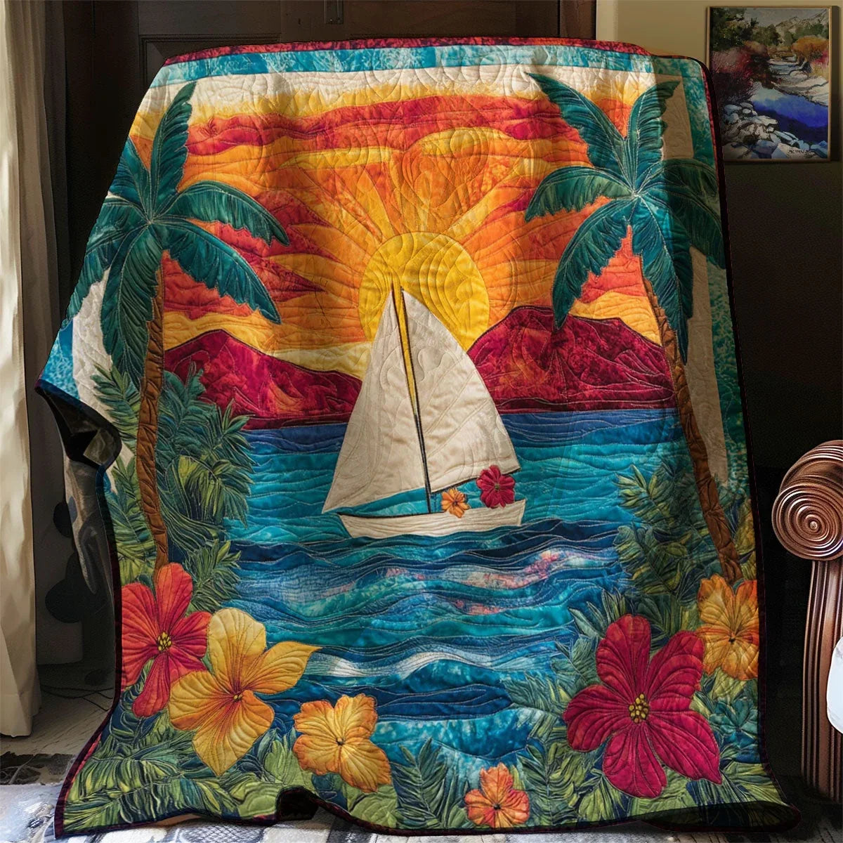 Tropical Sunset Sailboat Quilt Blanket