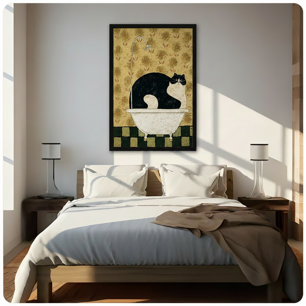 Vintage Folk Art Cat Bathtub Canvas Wall Art