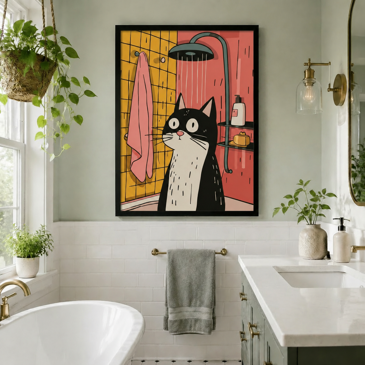 Pop Art Cat Shower Framed Canvas Wall Art