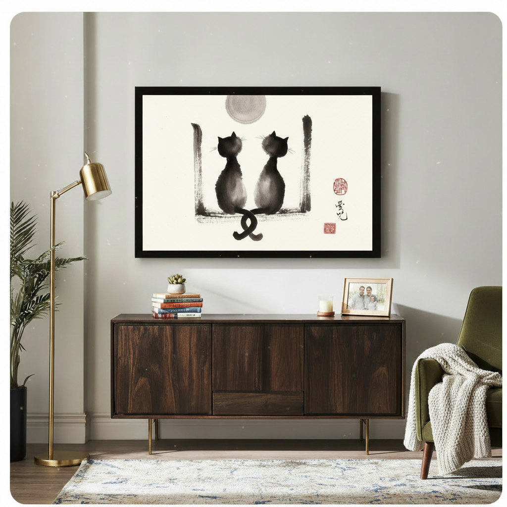 Two Cats Ink Wash Framed Canvas Wall Art