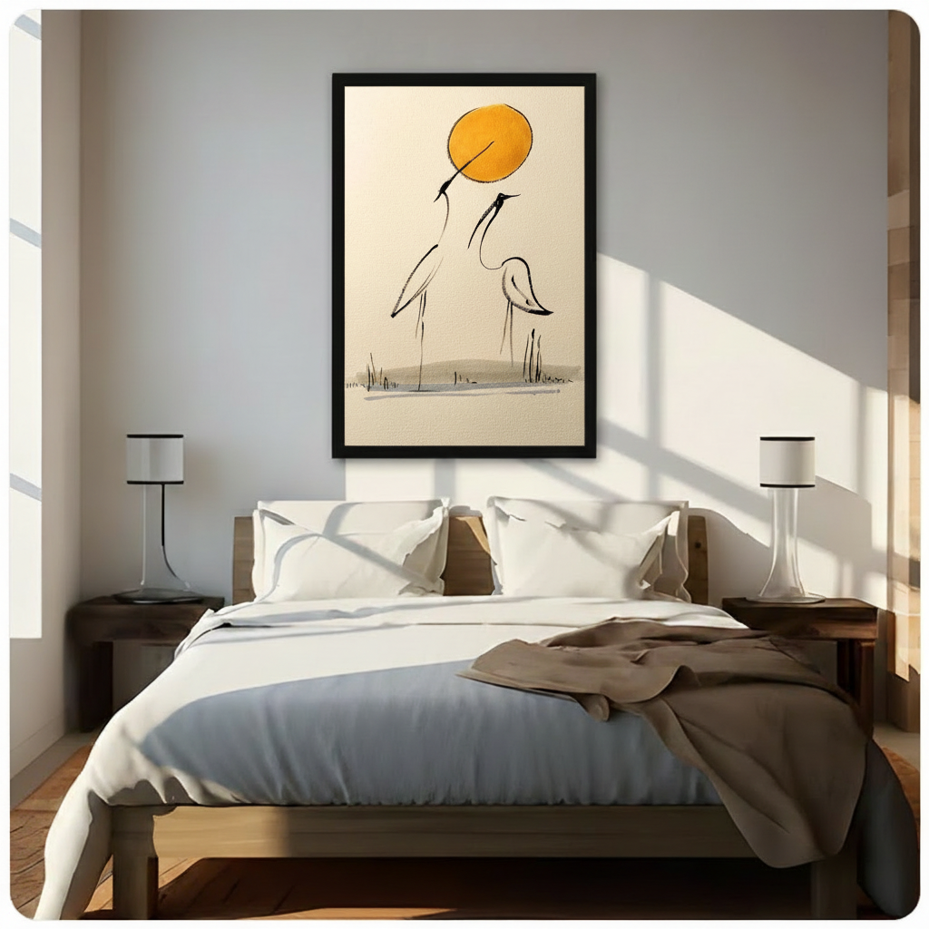 Japanese Crane Golden Sun Canvas Wall Art