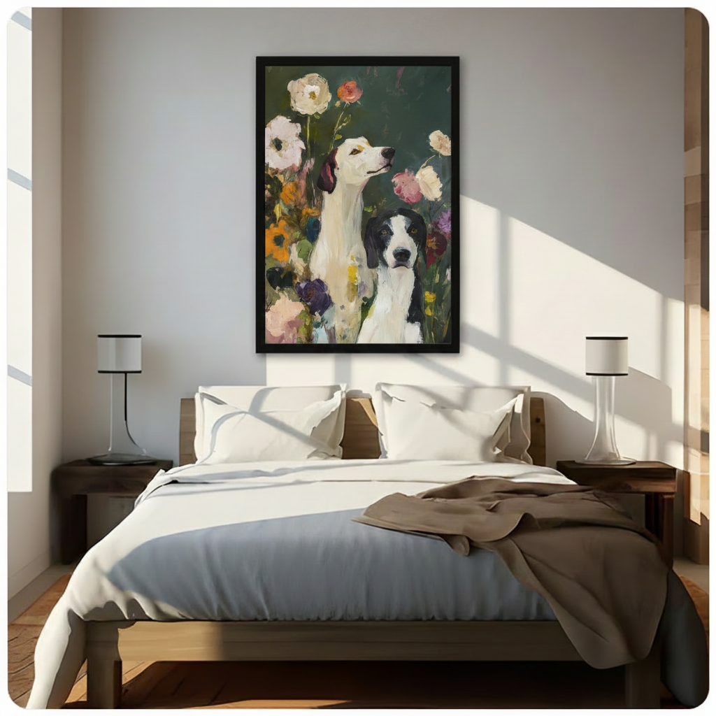 Two Dogs in Bloom Floral Oil Canvas Art Wall Art