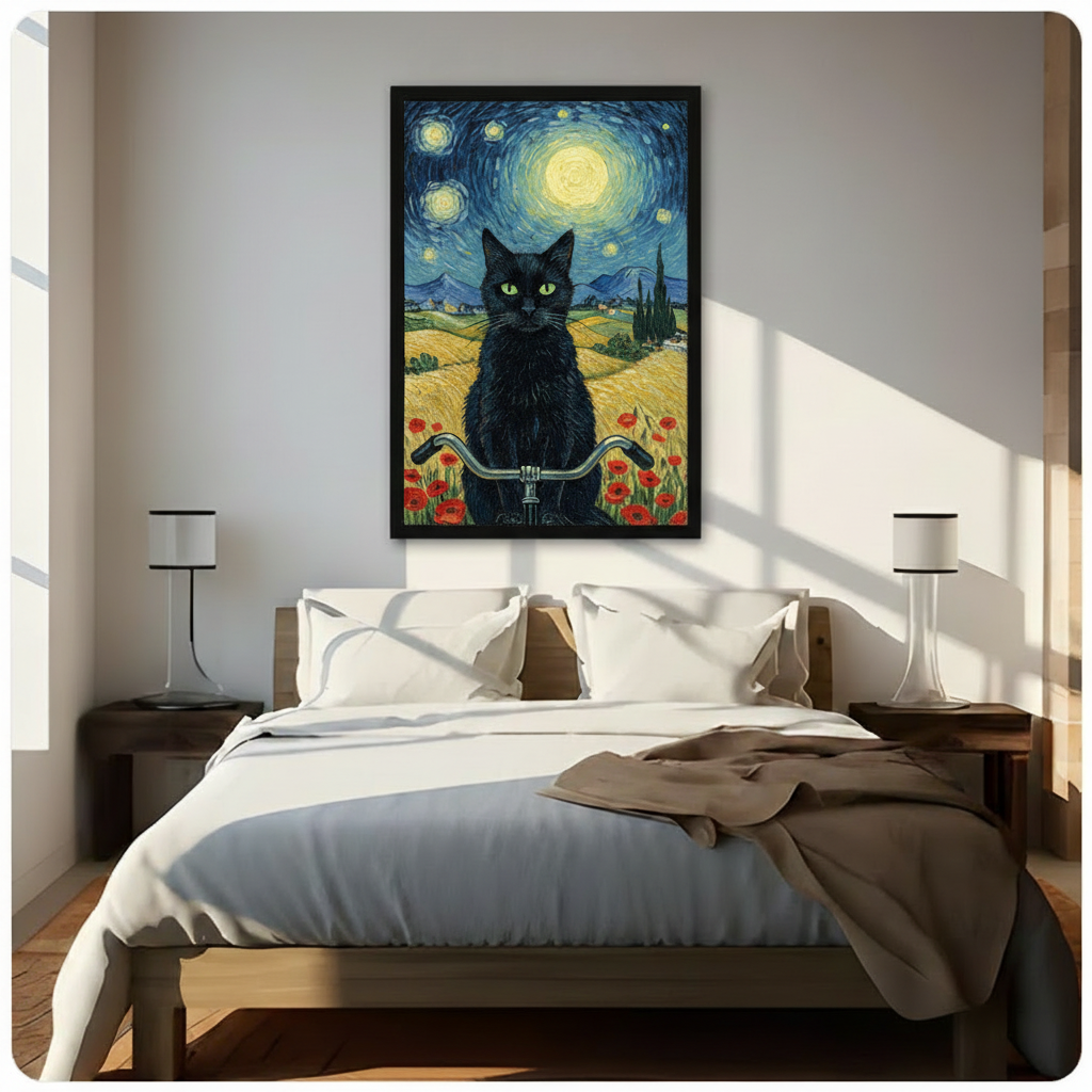 Van Gogh Starry Night Black Cat Canvas Art Wall Art