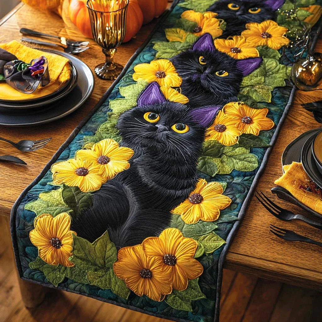 Velvet Cat Night Quilted Table Runner