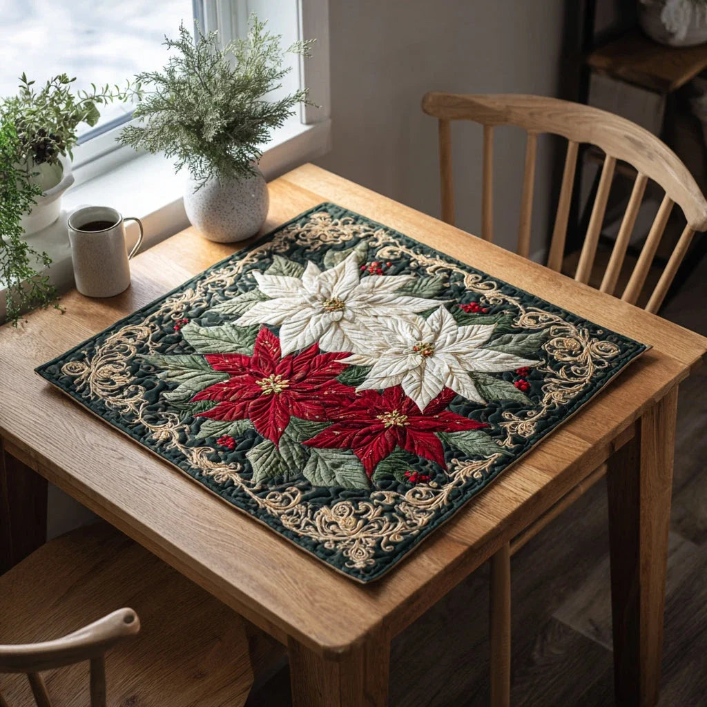 Vibrant Poinsettia Quilted Table Topper