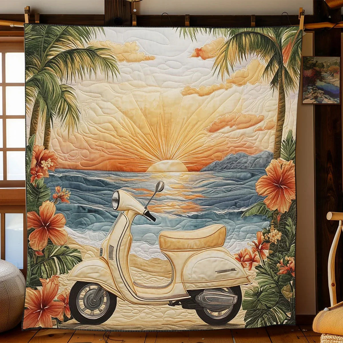 Vintage Coastal Scooter Quilt Blanket