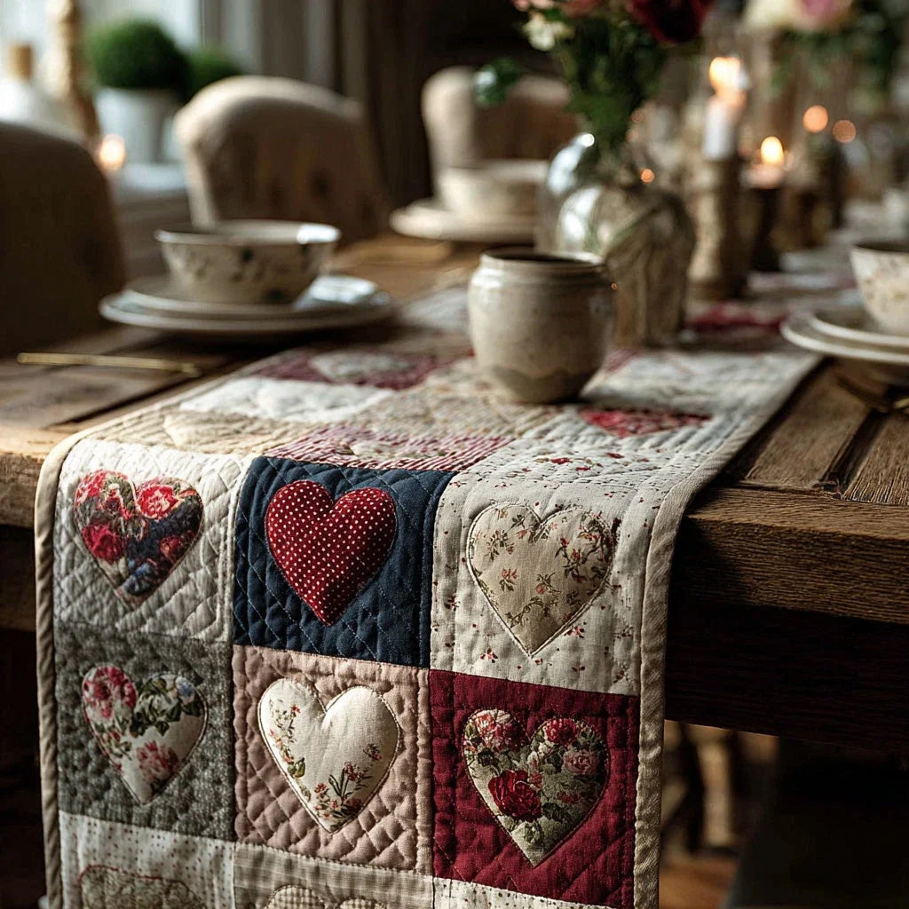 Vintage Cottage Hearts Quilted Table Runner
