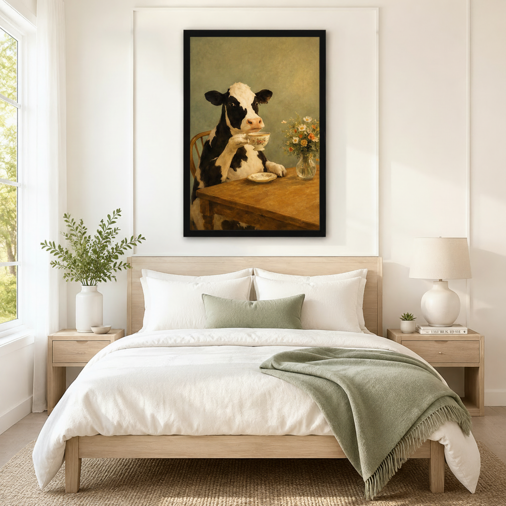 Vintage Cow Tea Time Oil Painting Canvas Art Wall Art