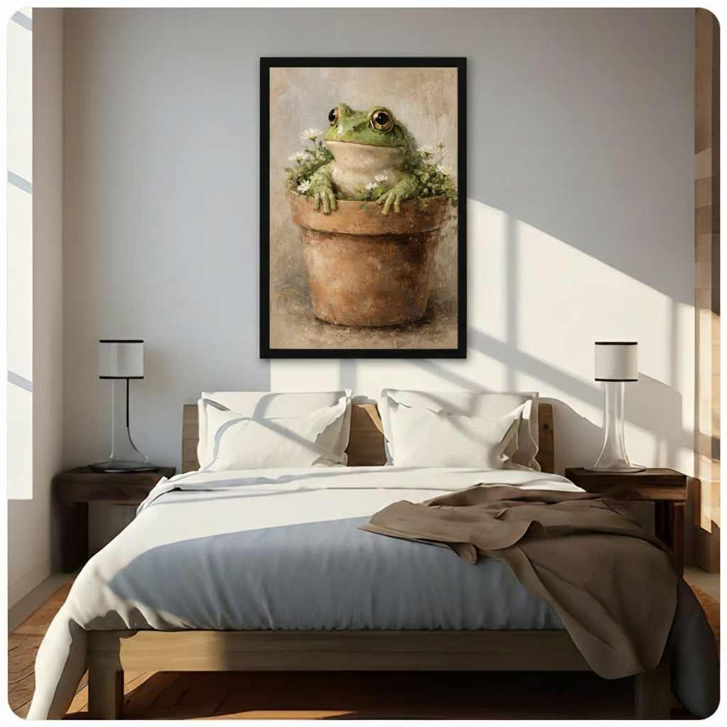 Frog in Flower Pot Vintage Oil Painting Canvas Art