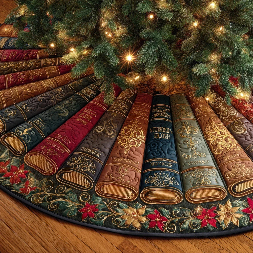Vintage Library Christmas Quilted Tree Skirt