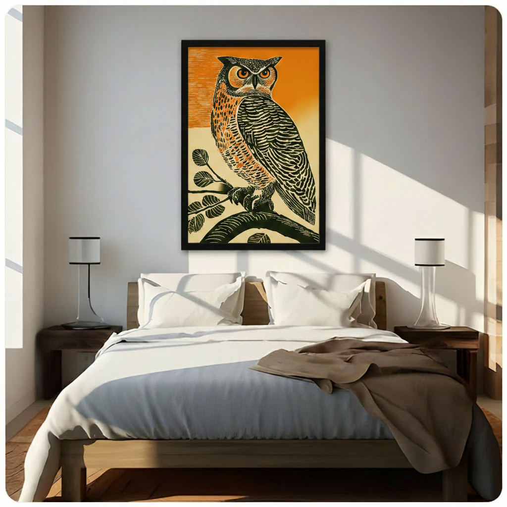Retro Linocut Owl Branch Canvas Wall Art