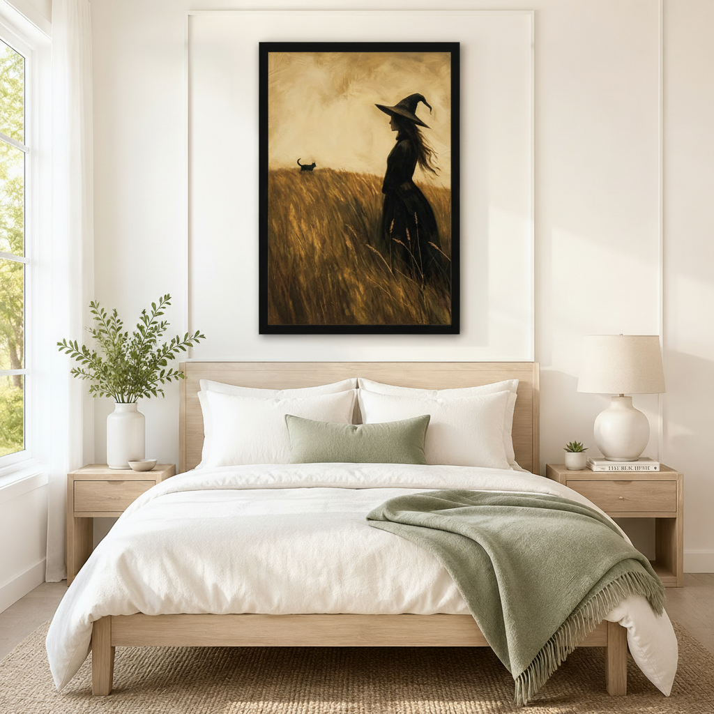 Vintage Witch Black Cat Wheat Field Canvas Art