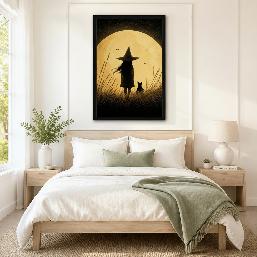 Witch Cat Full Moon Halloween Canvas Wall Art
