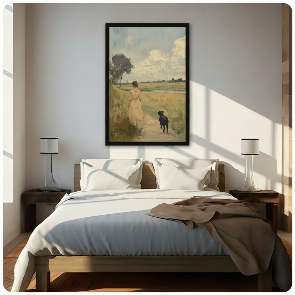 Vintage Woman & Dog Field Walk Canvas Art Wall Art