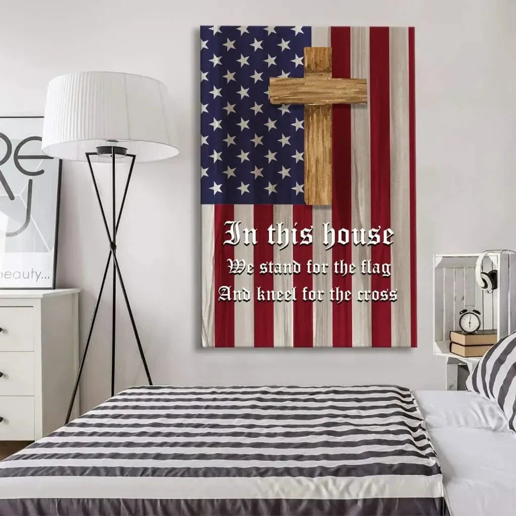 stand for the flag and kneel for the cross american flag and cross patriotic wall art canvas (Landscape) (view 6)