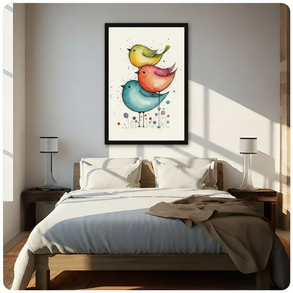 Stacked Birds Watercolor Whimsical Nursery Canvas Art