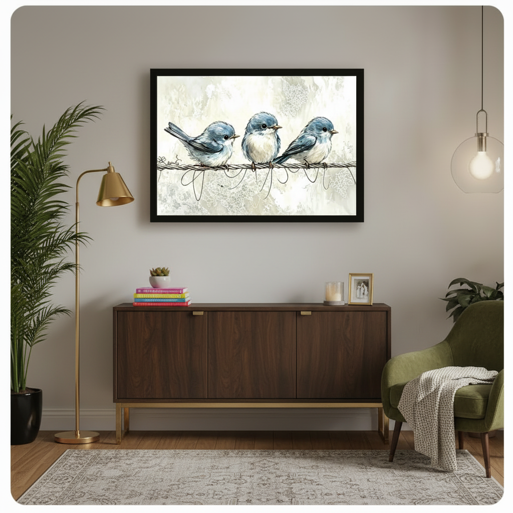 Blue Birds on Wire Watercolor Canvas Wall Art