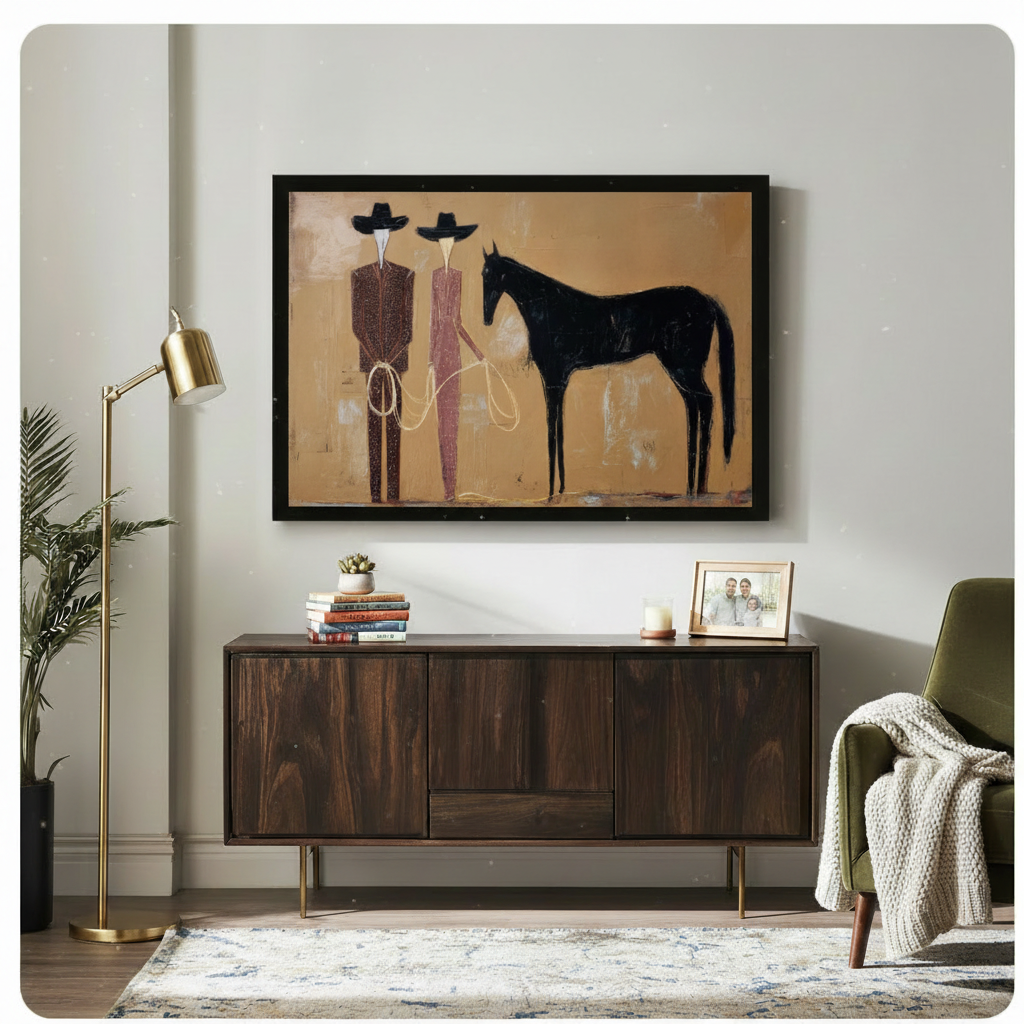 Western Cowboys Black Horse Abstract Canvas Wall Art