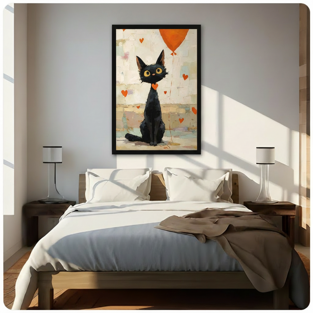 Whimsical Black Cat Balloon Heart Canvas Art Wall Art