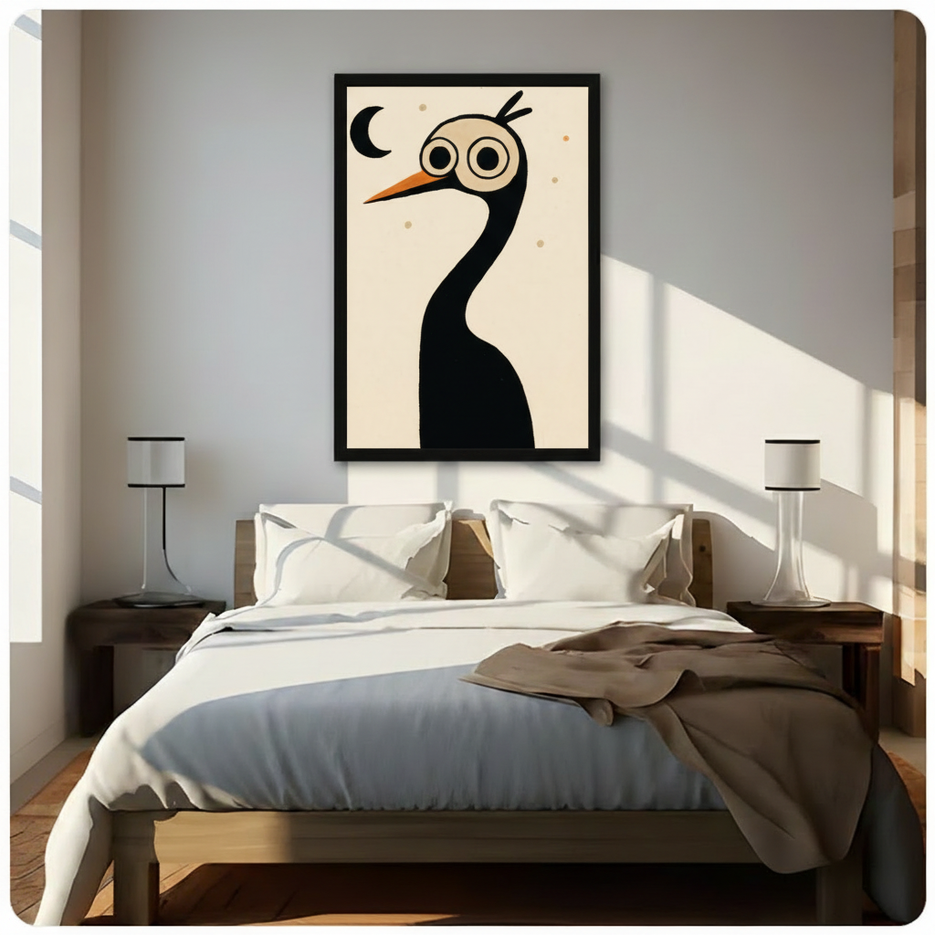 Minimalist Crane Moon Whimsical Canvas Wall Art