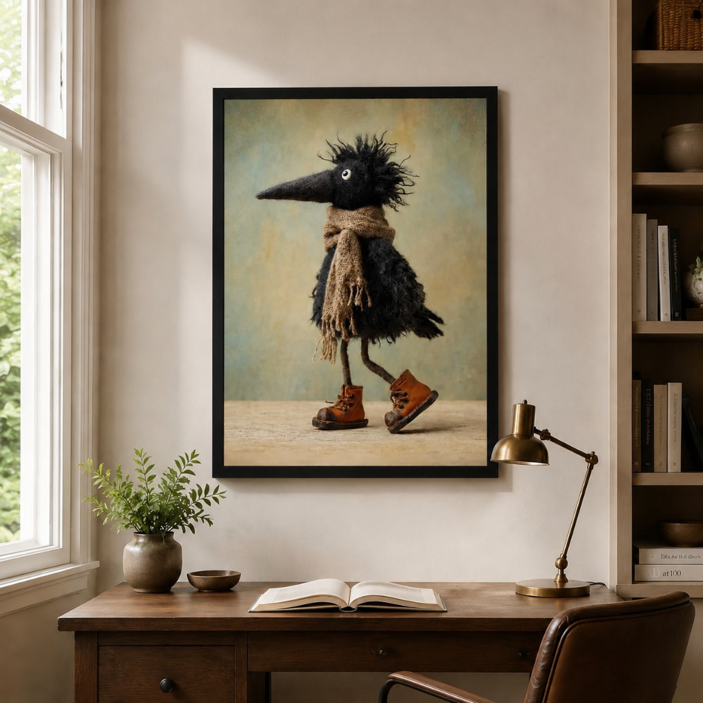 Whimsical Crow Scarf Boots Canvas Wall Art