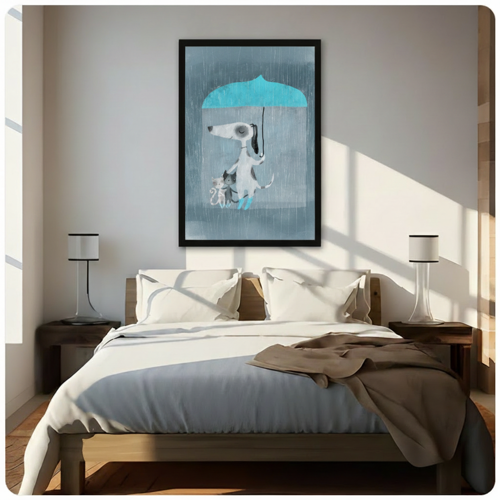 Dog Umbrella Rain Cats Cozy Canvas Wall Art