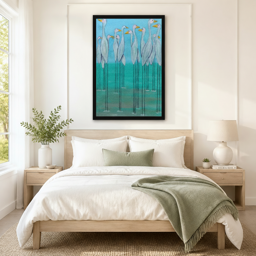 White Egrets Teal Water Oil Painting Canvas Art