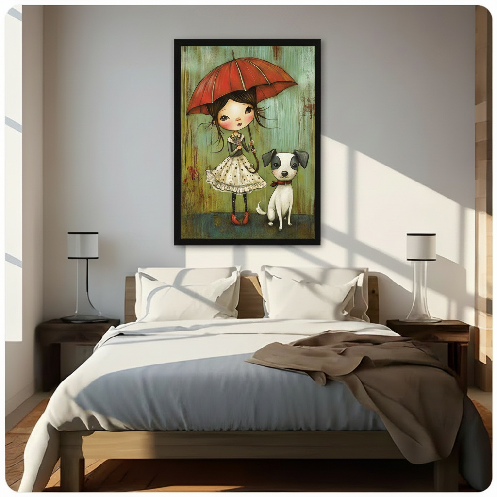 Whimsical Girl Red Umbrella Dog Canvas Art Wall Art