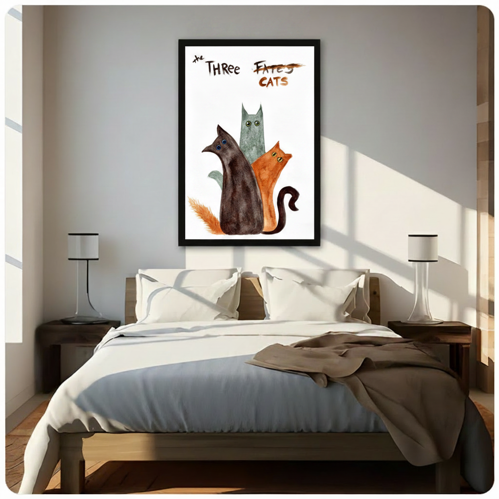 The Three Cats Funny Watercolor Canvas Art Wall Art