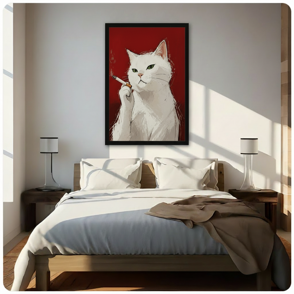 White Cat Smoking Bold Red Canvas Art Wall Art
