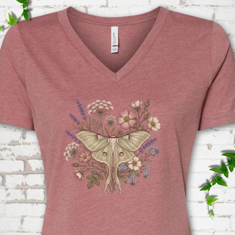Wildflower Luna Moth V-Neck T-Shirt