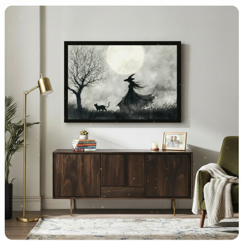 Witch and Black Cat Moonlit Gothic Watercolor Canvas