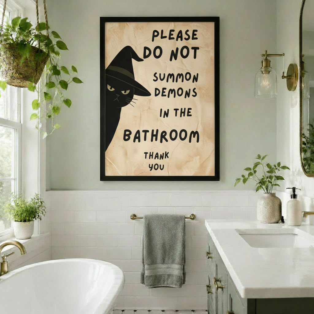No Demons Bathroom Black Cat Canvas Art Wall Art