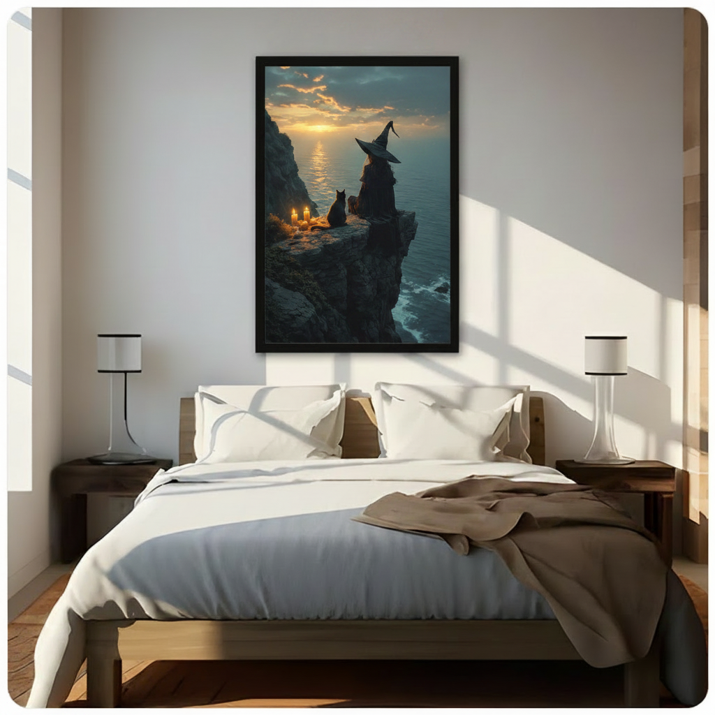 Witch & Black Cat Cliff Sunset Gothic Canvas Art