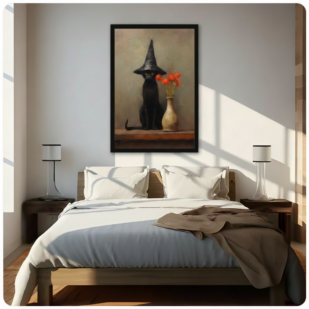 Witch Hat Black Cat Vintage Canvas Wall Art